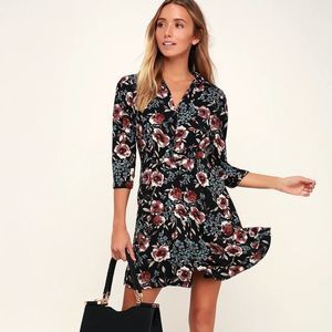 Lulu’s Such a Beauty Black Floral Print Button-Up Dress